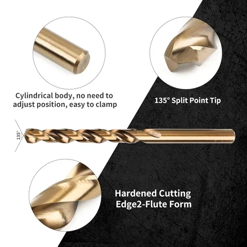Miniatura 5 de Juego de brocas de cobalto, 19 piezas métricas M35 HSS punta de 135 grados, punta dividida, longitud Jobber, broca helicoidal para metal endurecido