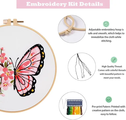 Miniatura 3 de GLTAYLMY Kit de bordado con patrón de mariposa para adultos principiantes, kits de punto de cruz con 1 aro de bordado de plástico, agujas e hilos