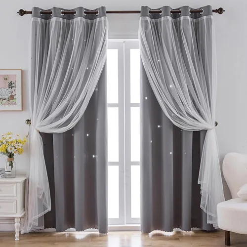 Miniatura 9 de indistar Cortinas opacas con recortes de estrellas para dormitorio de niña, cortinas de oscurecimiento de habitación y cortinas para habitación