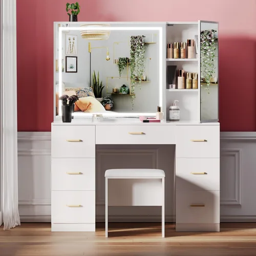Miniatura 4 de Wildhome - Tocador con espejo y luces, mesa de maquillaje con 7 cajones y taburete acolchado, gabinete oculto, brillo ajustable, tocador