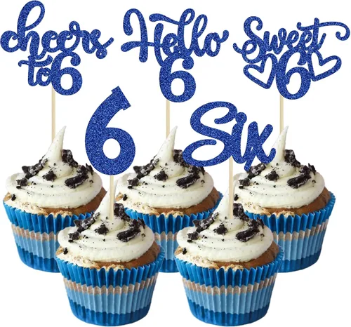 Miniatura 68 de 30 piezas Adornos para pastel de cumpleaños de 6 años, seis brillos, hola 6, púas para cupcakes, felicitaciones a los 6 años, decoraciones