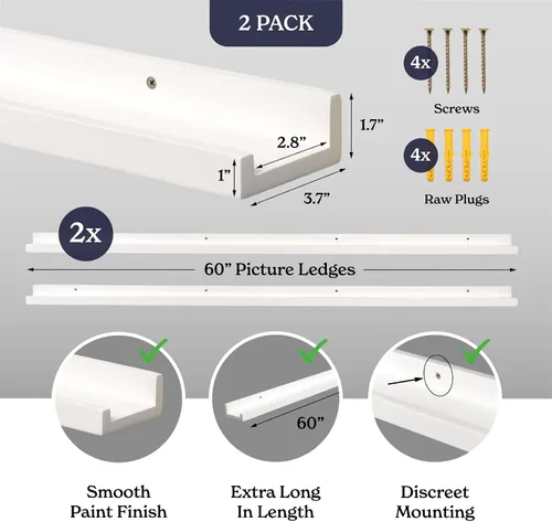 Miniatura 2 de Kraftex Estante de repisa para pared [blanco, 60 pulgadas, paquete de 2] Estantes flotantes estrechos para fotos e imágenes. Estante de exhibición