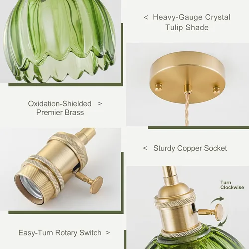 Miniatura 4 de Mini luces colgantes para isla de cocina, pequeña lámpara colgante ajustable con pantalla de cristal de tulipán verde, iluminación colgante dorada
