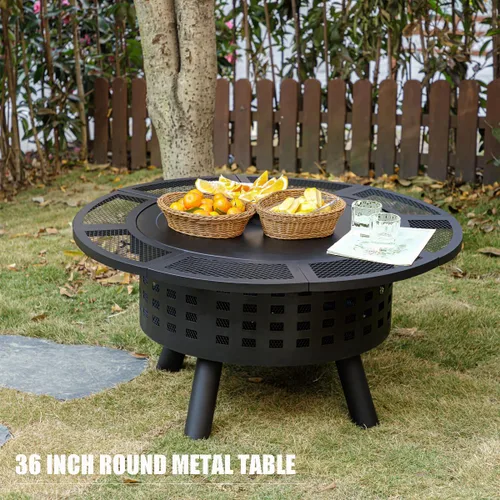 Miniatura 6 de Verdeluxe Hoguera al Aire Libre de 91 cm con Parrilla, Hogueras de Leña para Exteriores con Tapa y Atizador, Mesa de Hoguera 3 en 1 de Metal