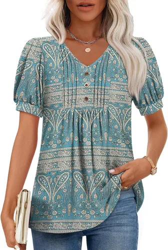 Miniatura 24 de Findsweet Blusas de túnica de verano para mujer, tops casuales y elegantes, manga corta, M-3XL