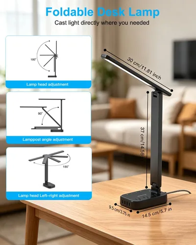 Miniatura 4 de One Beat Pequeña lámpara LED de escritorio, cable de extensión de 5 pies con 3 tomas, 4 puertos USB (2 USB C), 4 modos, lámpara táctil de 5 niveles
