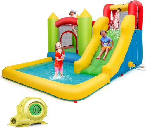 OLAKIDS Tobogán acuático inflable, 4 en 1 casa de rebote para niños, parque acuático con área de salto de tobogán, pared de escalada, carrera de