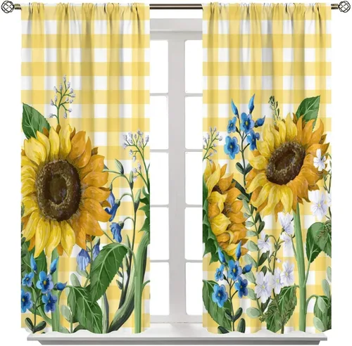 Miniatura 8 de Cortinas opacas con diseño de girasol, rústico, con diseño de girasol, mariposa, verde, amarillo, negro, para niñas, mujeres, dormitorio, sala