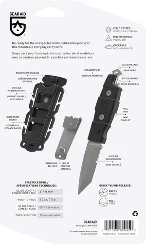 Miniatura 3 de GEAR AID Kotu Tanto Cuchillo de hoja fija para exteriores con funda de liberación rápida, hoja recubierta de titanio de 3 pulgadas Coyote