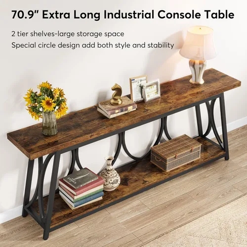 Miniatura 6 de Tribesigns - Mesa consola extralarga de 70.9 pulgadas, mesa de sofá industrial detrás del sofá con estante de almacenamiento de 2 niveles, mesa