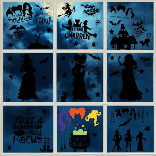 Miniatura 8 de Decoraciones de Hocus Pocus, calcomanías de ventana de Halloween, 9 hojas, 91 calcomanías de Hocus Pocus, calcomanías de silueta de ventana