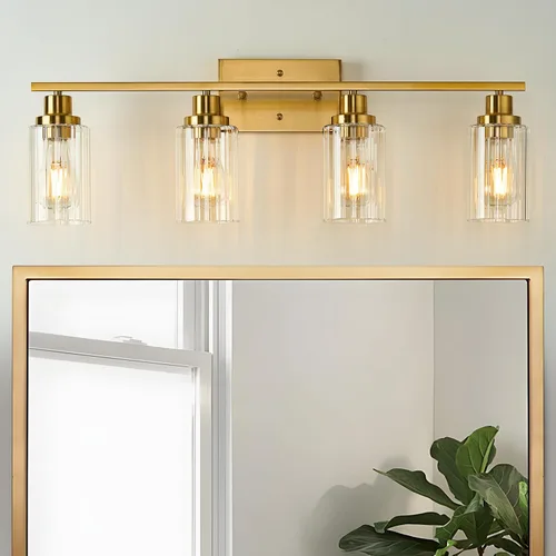 Miniatura 17 de Jonsi Accesorios de iluminación de baño dorados, 2 luces de tocador de oro cepillado con pantalla de vidrio estriada, luces modernas sobre espejo