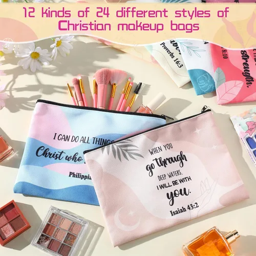 Miniatura 3 de Qeeenar - Bolsa de maquillaje religioso cristiano, bolsas de cosméticos, bolsa inspiradora de versículo bíblico para artículos de tocador, bolsa