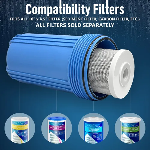 Miniatura 6 de Sistema purificador de filtro para toda la casa de 10 x 4.5 pulgadas de alta capacidad para agua de pozos o ciudades, botón de alivio de Azul