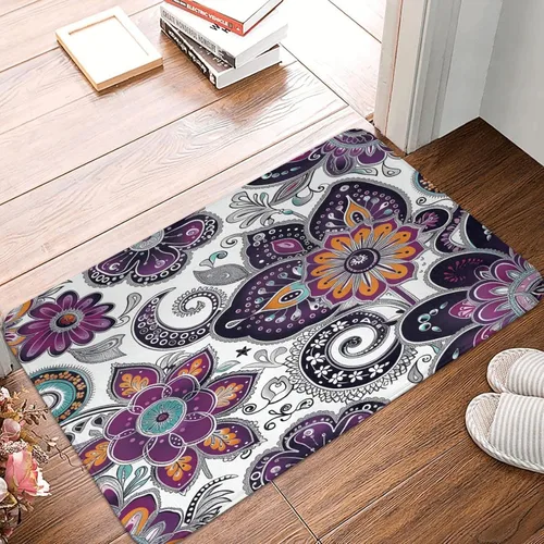 Miniatura 3 de LB Alfombra de baño de flores bohemias, alfombra de baño antideslizante con estampado floral bohemio morado y negro, espuma viscoelástica suave