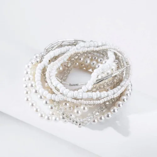 Miniatura 4 de Caiyao Juego de pulseras elásticas de perlas de imitación para mujer, multicapa con cuentas bohemias de semillas de arroz, hilo de perlas apilable