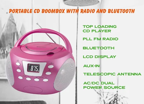 Miniatura 2 de HANNLOMAX HX-332CD portátil CD Boombox, radio FM PLL, Bluetooth, pantalla LCD, entrada auxiliar, fuente de alimentación dual AC/DC (rosa)