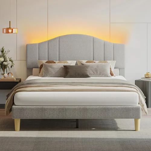 Miniatura 11 de Pinmoco Base de cama tamaño King con cabecero y estribo, cama de plataforma de metal resistente con espacio de almacenamiento debajo de la cama