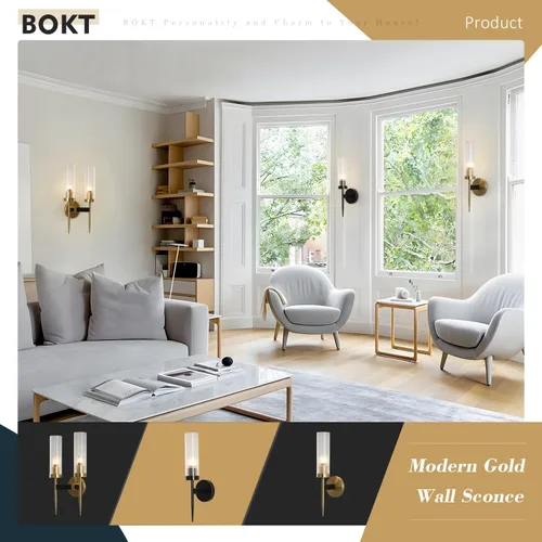 Miniatura 3 de BOKT Lámpara de pared dorada moderna de mediados de siglo, aplique de pared de vidrio cilíndrico, aplique de pared largo de latón cepillado anti