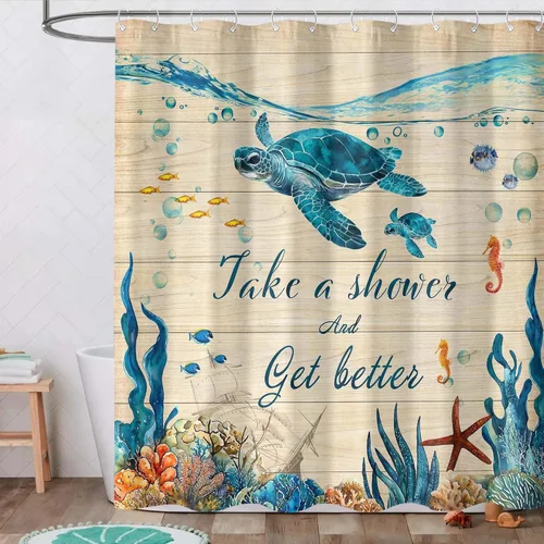 Miniatura 13 de Divertida cortina de ducha para perro, verde azulado, azul, mar, océano, impermeable, cortinas de ducha para baño con animales, pulpo, estrella