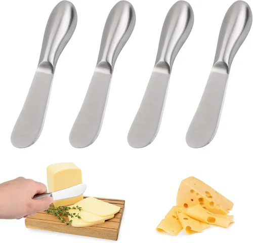 Miniatura 8 de Juego de 6 cuchillos de queso con mango de madera, juego de cuchillos de queso de acero inoxidable mini para charcutería y queso untable, pinzas