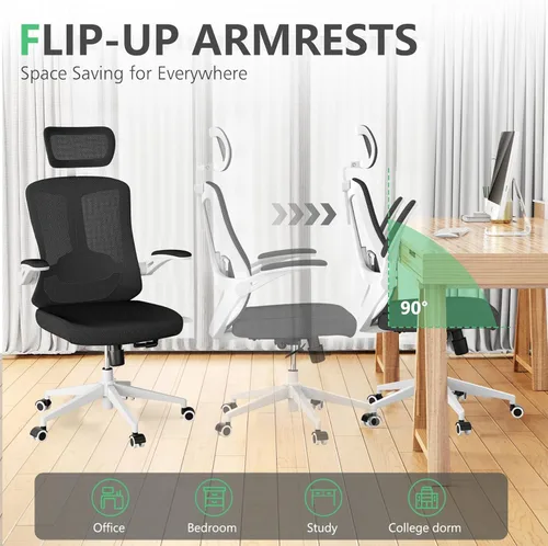 Miniatura 5 de Silla ergonómica de malla para computadora de oficina de 300 libras, silla de escritorio con ruedas de altura ajustable con reposabrazos abatibles