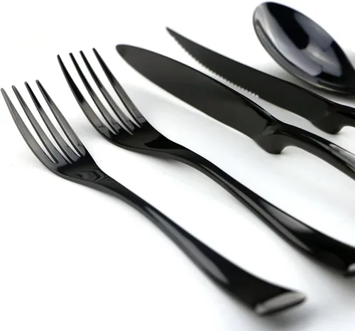Miniatura 3 de Juego de cubiertos de acero inoxidable negro pulido con espejo, cuchillo de carne, tenedor, tenedor de ensalada, cuchara de postre, 24 piezas