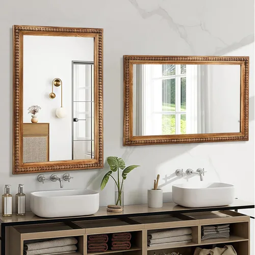 Miniatura 6 de ULIKE Espejo rectangular de madera con marco de cuentas de madera natural, 24 x 36 pulgadas, espejo de pared rústico de granja para baño, guardería