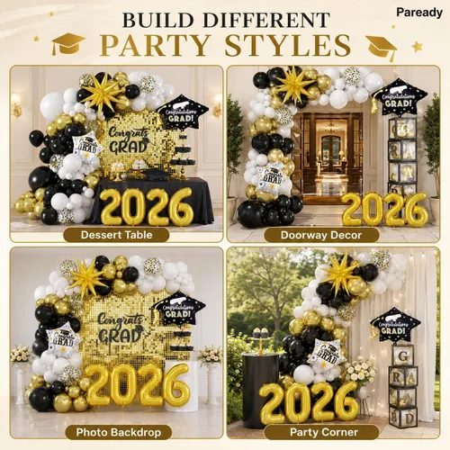 Miniatura 5 de Kit de Arco de Globos Paready Graduación 2025, 120 Piezas de Arco de Globos Graduación Negro y Dorado, Globos de Confeti Negro y Dorado Metálicos