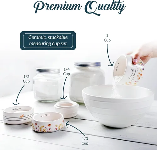 Miniatura 4 de Pavilion Gift Company - Loved Beyond Measure - Taza medidora de cerámica apilable de 6 pulgadas - ¼, ⅓, ½, 1 taza, rústica, antigua, diseño
