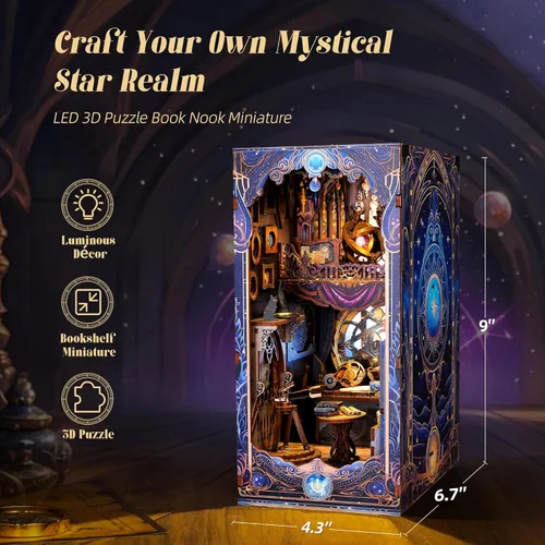 Miniatura 2 de FUNPOLA Kit de rompecabezas de madera 3D para rincón de lectura, estante con mapa estelar de astrología con luces LED, decoración