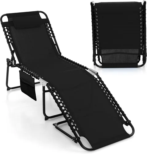 Goplus Tumbona, silla de playa plegable de 5 posiciones con almohada desmontable, silla de descanso para tomar el sol, silla de bronceado ajustable