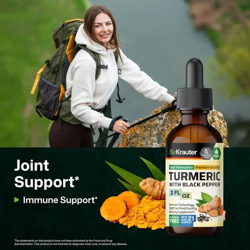Miniatura 2 de BIO KRAUTER Suplemento de cúrcuma para apoyo articular – Curcumina vegana pura con pimienta negra 2 onzas líquidas 28 días de suministro – Gotas