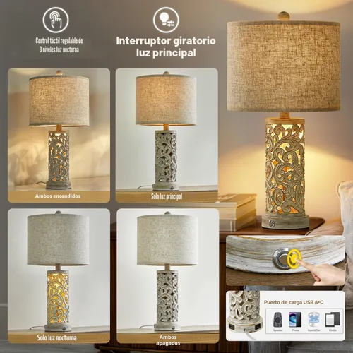 Miniatura 3 de OYEARS Juego de 2 lámparas de mesita de noche con USB y luz nocturna, lámparas táctiles regulables de 22 pulgadas para mesita de noche, lámparas