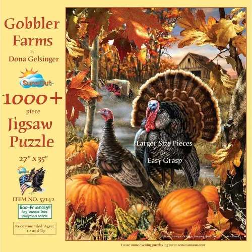 SUNSOUT INC - Gobbler Farms - Rompecabezas de 1000 piezas grandes por artista: Dona Gelsinger - Tamaño terminado 27" x 35" Acción de Gracias - MPN #