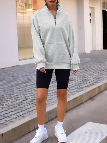 Miniatura 6 de Trendy Queen Sudaderas de gran tamaño con cremallera de un cuarto para mujer, sudaderas con capucha con media cremallera con bolsillos, cuello