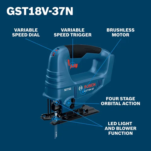 Miniatura 2 de BOSCH GST18V-37N Sierra caladora de mango superior sin escobillas de 18 V, potente, compacta, profundidad de corte de 3.7 pulgadas, 3300 SPM, 4