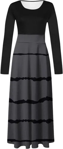 Miniatura 4 de Vestido bohemio con estampado de rayas para mujer, vestido largo de manga larga, cuello redondo, acampanado, maxi vestidos fluidos