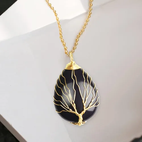 Miniatura 5 de Collar con colgante de lágrima envuelto en alambre dorado, collares de piedra de cristal curativa del árbol de la vida, joyas de piedras preciosas