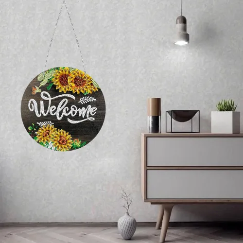 Miniatura 2 de LUSandy DIY 5D Wellcome - Kit de pintura de diamante de girasol para colgar en la pared, letrero de arte de girasol, diamante, decoración colgante
