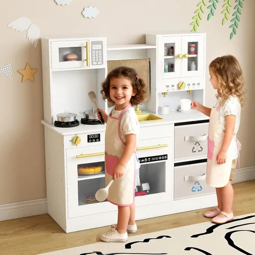 Miniatura 2 de INFANS Juego de cocina para niños, cocina de madera con luces realistas, sonidos, cafetera, lavavajillas, microondas, horno, cajones de tela Blanco