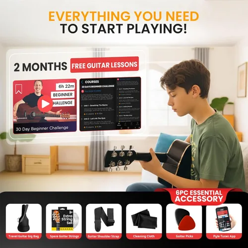 Miniatura 2 de Pyle Kit de guitarra acústica para principiantes, instrumento de madera de tamaño junior 3/4 con kit completo de accesorios, púas, correa