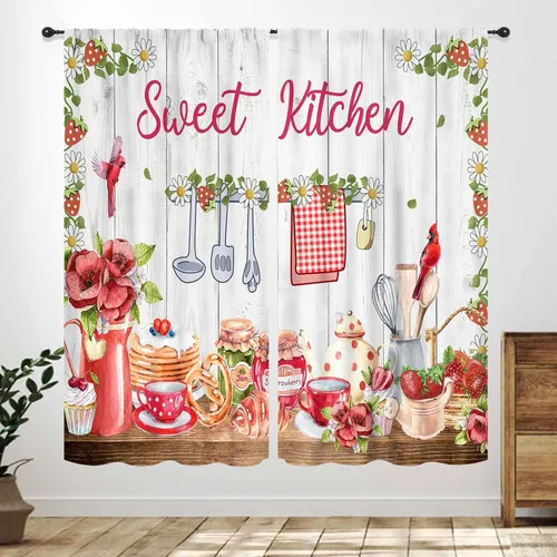 Miniatura 6 de Cortinas Rústicas de Cocina, Tenedor Cuchara Retro Tablón de Madera Granja País Tema de Cocina Citas Divertidas Tratamiento de Ventana