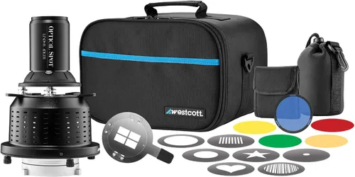 Westcott Punto óptico de Lindsay Adler (montura Bowens) con lente de montaje EF de 5.906 in, 8 diseños GOBO, 5 geles de color y estuche de viaje