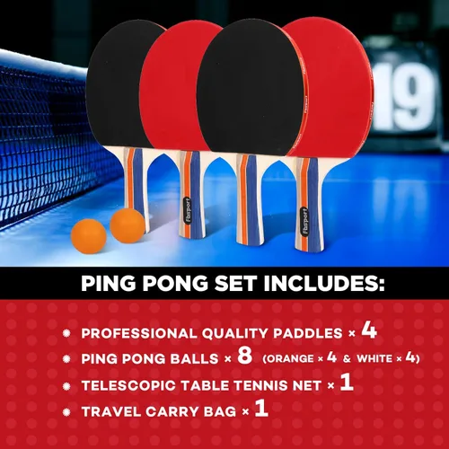 Miniatura 2 de FBSPORT Set de palas de ping pong, juego de tenis de mesa con 4 raquetas y 8 bolas, red retráctil con bolsa de almacenamiento - accesorios de pala 4