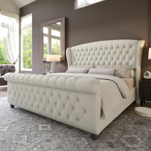 Miniatura 11 de AMERLIFE - Marco de cama tamaño King con plataforma, cama de estilo trineador tapizada en terciopelo con cabecero y pie de cama con alas onduladas