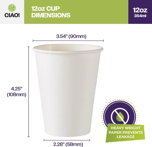 Miniatura 4 de CIAO! Vaso de papel blanco para bebidas calientes de 12 onzas, desechable, 90 mm de diámetro, 1.000