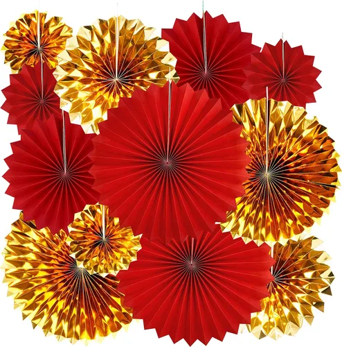 Abanicos de papel colgantes rojos y dorados, aniversario de boda, despedida de soltera, cumpleaños, graduación, Navidad, Año Nuevo, eventos,