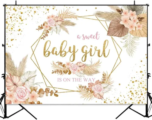 Miniatura 4 de Sensfun Telón de fondo bohemio para baby shower con texto en inglés "It's A Girl", fondo de fotografía de baby shower, rosa rubor, floral, hierba