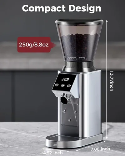 Miniatura 7 de Tuni G1 Molinillo de café con fresas cónicas, 48 ajustes de molienda, molino de fresas antiestático, temporizador electrónico de precisión y Plateado